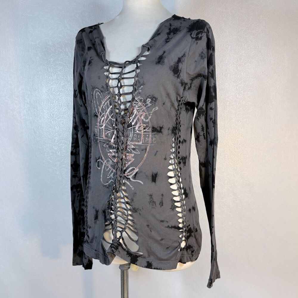 Affliction Top Womens L RUNS SMALL Lace Up